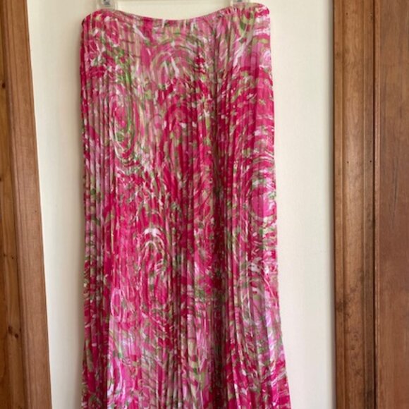 RUBY RD. Pleated Elastic Waist Pink Green Swirl Print Maxi Skirt 10 - Picture 6 of 15